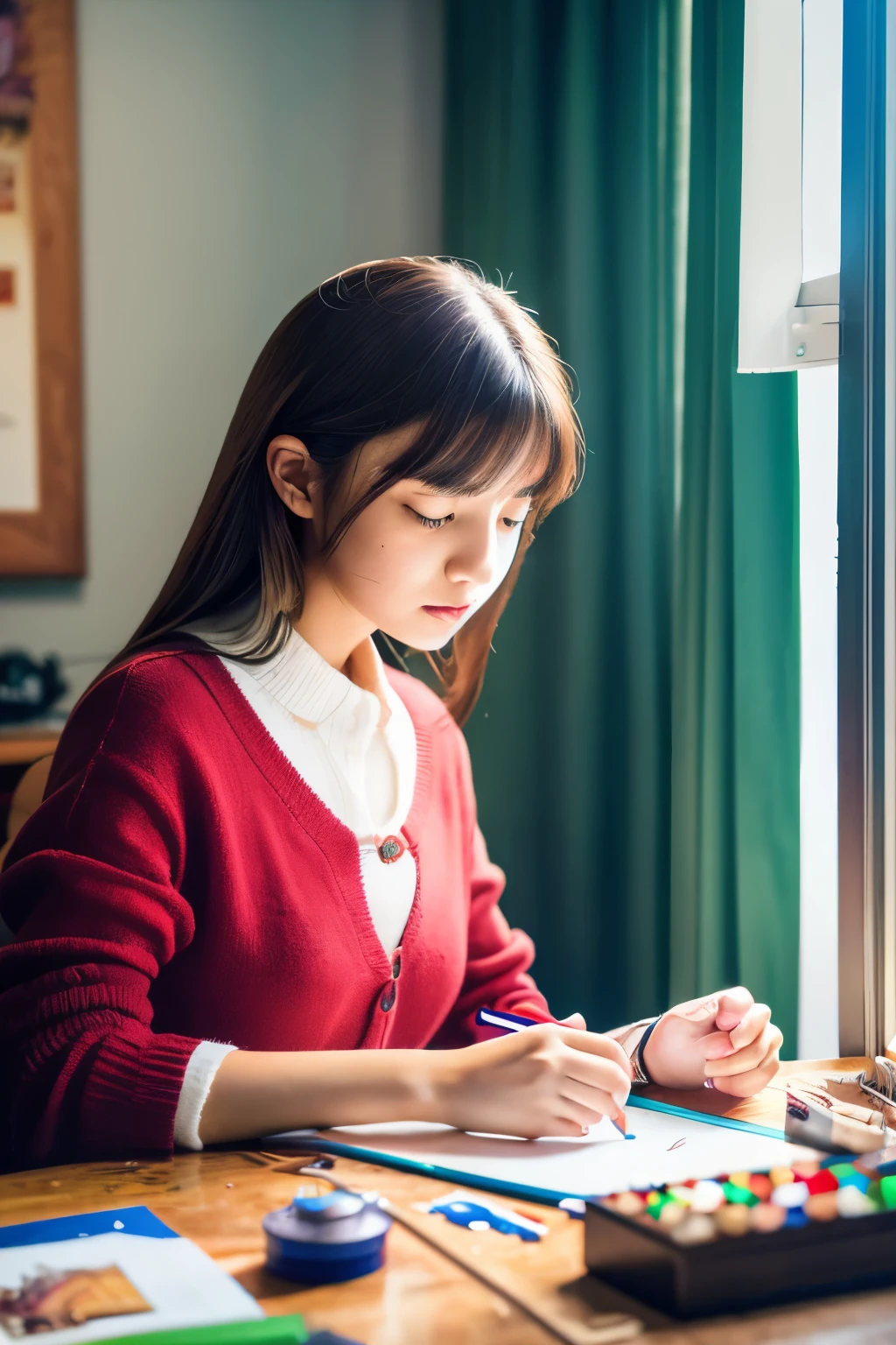 A girl assembling a Gundam model kit, with incredibly detailed eyes and face, long eyelashes, and beautiful detailed lips. The girl is fully focused, gripping the model's parts with precision. The scene takes place in a well-lit room with natural sunlight pouring in from a window, casting a warm and vibrant glow. The girl's hands are adorned with various colorful pieces, showcasing her creativity and skill. The colors of the model are vivid and vibrant, with a realistic and photorealistic touch, bringing the Gundam to life. The finished model stands tall, showcasing the intricate details and fine painting. The background of the scene includes a plethora of other Gundam model kits, adding to the passion and dedication of the girl. The overall image quality is of the highest standard, capturing every intricate detail in ultra-high resolution. The artwork is a fusion of illustration and photography, creating a unique and visually stunning composition. The color palette of the image is rich and vibrant, with a wide range of hues that add depth and visual interest. The lighting in the scene is carefully crafted, accentuating the girl's focus and highlighting the intricate details of the Gundam model. The lighting creates soft shadows and highlights, adding dimension and realism to the image. The result is a masterpiece that showcases the girl's passion for Gundam and her artistic talent.