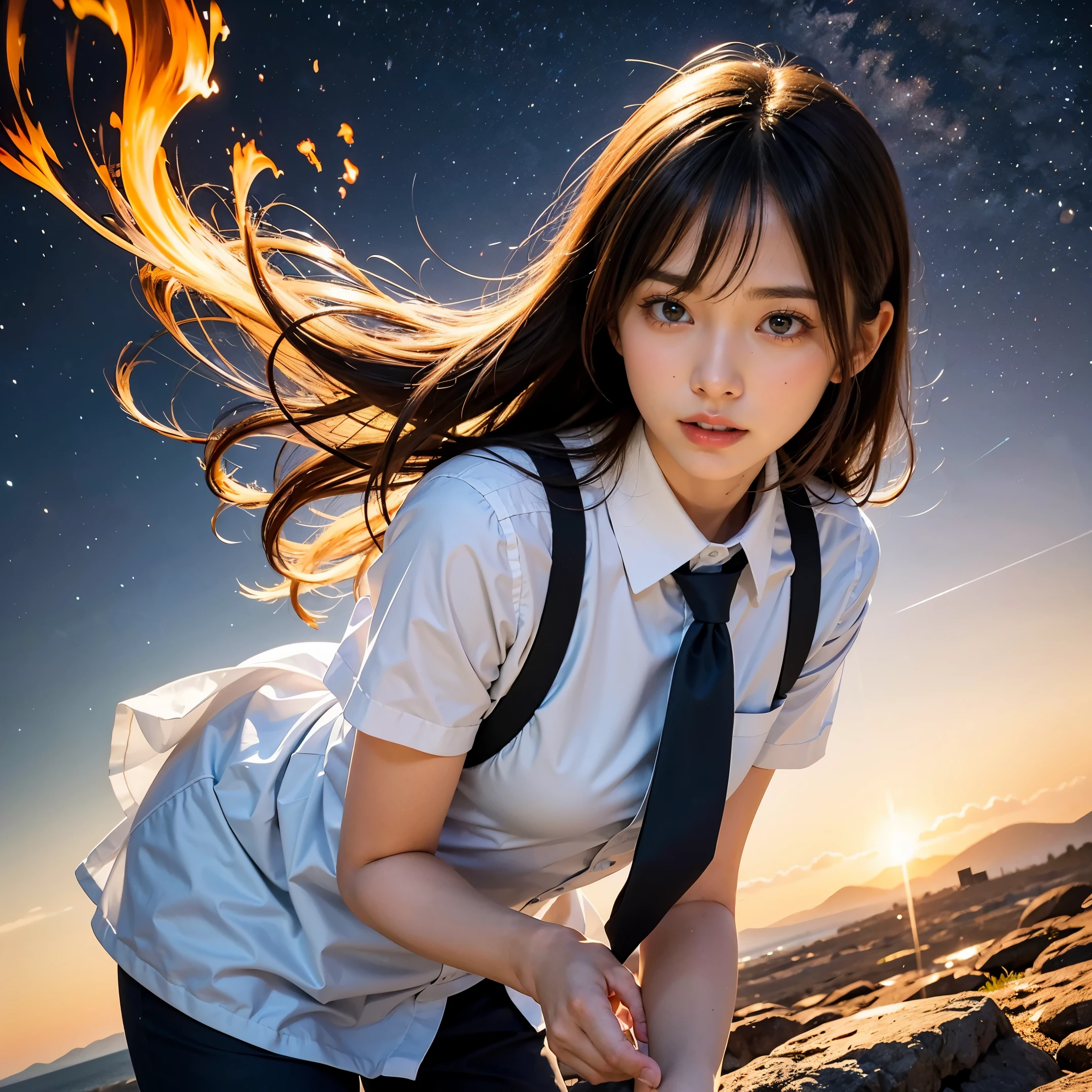 (masutepiece, Best Quality:1.2), 8K, Official art, Surprised expression、chest、kawaii、put one's hand over one's mouth、Wearing a suit、Gesture of removing tie、chestが見える、Rough image of a girl in uniform holding a globe, official artwork, portrait anime space cadet girl, with earth, girl in space, Space High School, Space Girl, planetes, Trending on CGSTATION, 太陽系外planetes, Official art, Mar Planet, beautiful anime high school girl, sakimichan, planetesの隣に浮かぶ, in intergalactic japan、Five Fingers Photos'Body of, full body Esbian、Suit Beauty、Big Dipper in the background、star explosion、A dark-hairedの美しい裸足の女性, hold a flame in your right hand、tie a tie with your right hand、Turn your face up、looking-down、cool expression、明るい溶岩の光が小planetes帯の下から壊れた地球の上に昇る(Jagged rock rocks and fragments shot into the air:1.3) (Storm of windy dust debris:1.1) Volume fogmist by trace Z、It can allow bright light from below to pass through、 (masterpiece) (top-quality) (detaileds) (8K) (电影灯光) (foco nítido) (Convoluted)A dark-haired、years、small tits、A delightful、A smile、unbelievable Ridiculous, (a beauty girl, Pretty Face, arching back down, Gold hair ornament on hair、wearing a suits、close up, Wearing a suit, Short sleeve, gardenia, violaceaess, spaces , Looking at Viewer, Film grain, chromatic abberation, オッパイfoco nítido, face lights, Dynamic lighting, Cinematic lighting, detailedsな目と顔, (Gray tie、1 copy:1.2)