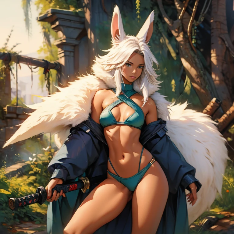 Best quality, masterpiece, super detailed high resolution, (realistic: 1.4), full bodyview, 1 Girl Holding katana, (Solo Exhibition: 1.2), open white fur mantle, abs, toned body, muscle, Earrings, messy_long_hair, Movie Lights, lens_flare, dark brown skin, brown skin, dark skin, ebony skin, green eyes, white hair, white rabbit ears, sword unsheathed,