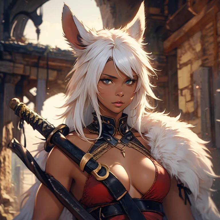 Best quality, masterpiece, super detailed high resolution, (realistic: 1.4), full bodyview, 1 Girl Holding katana, (Solo Exhibition: 1.2), open white fur mantle, abs, toned body, muscle, Earrings, messy_long_hair, Movie Lights, lens_flare, dark brown skin, brown skin, dark skin, ebony skin, green eyes, white hair, white rabbit ears, sword unsheathed,