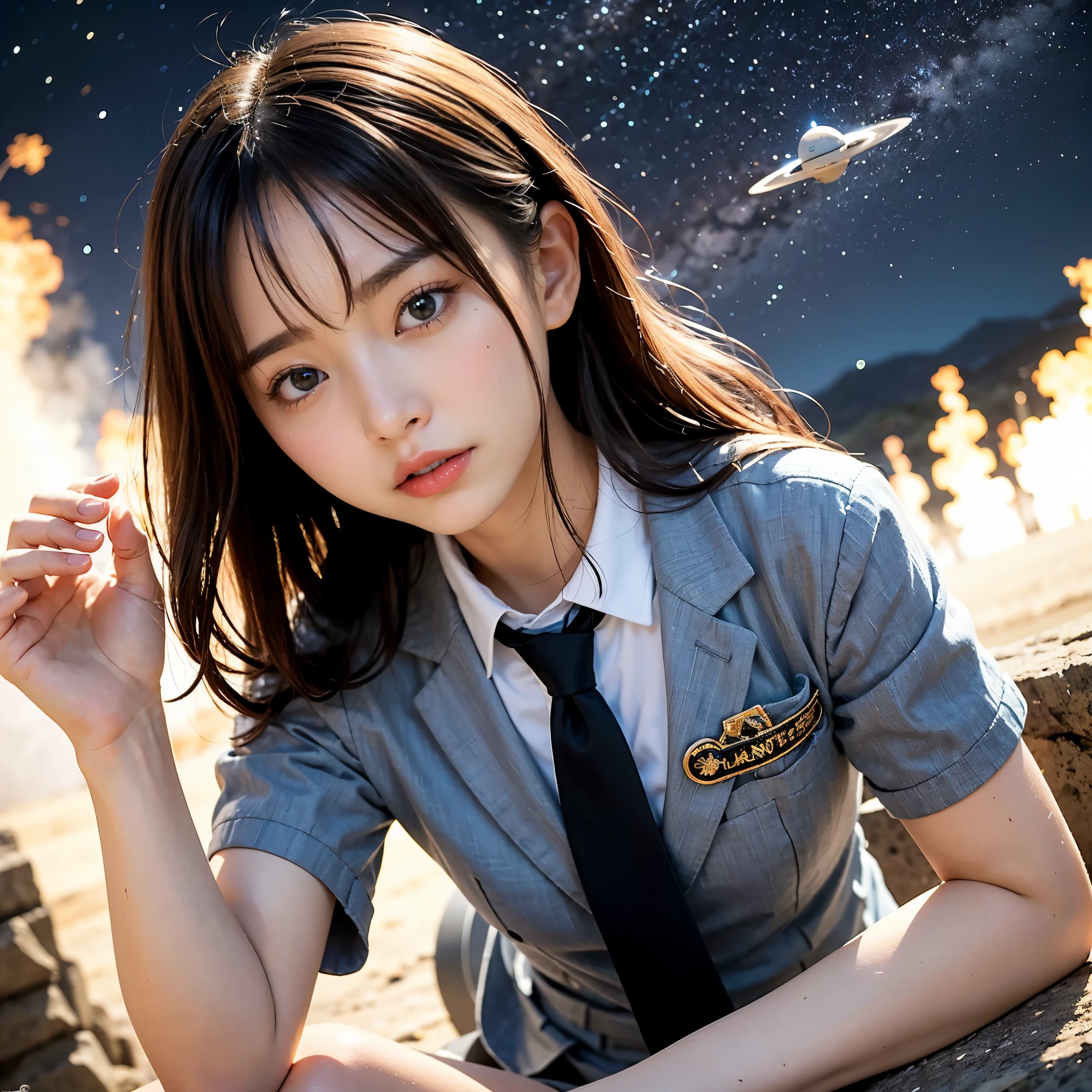 (masutepiece, Best Quality:1.2), 8K, Official art, Surprised expression、chest、kawaii、put one's hand over one's mouth、Wearing a suit、Gesture of removing tie、chestが見える、Rough image of a girl in uniform holding a globe, official artwork, portrait anime space cadet girl, with earth, girl in space, Space High School, Space Girl, planetes, Trending on CGSTATION, 太陽系外planetes, Official art, Mar Planet, beautiful anime high school girl, sakimichan, planetesの隣に浮かぶ, in intergalactic japan、Five Fingers Photos'Body of, full body Esbian、Suit Beauty、Big Dipper in the background、star explosion、A dark-hairedの美しい裸足の女性, hold a flame in your right hand、tie a tie with your right hand、Turn your face up、looking-down、cool expression、明るい溶岩の光が小planetes帯の下から壊れた地球の上に昇る(Jagged rock rocks and fragments shot into the air:1.3) (Storm of windy dust debris:1.1) Volume fogmist by trace Z、It can allow bright light from below to pass through、 (masterpiece) (top-quality) (detaileds) (8K) (电影灯光) (foco nítido) (Convoluted)A dark-haired、years、small tits、A delightful、A smile、unbelievable Ridiculous, (a beauty girl, Pretty Face, arching back down, Gold hair ornament on hair、wearing a suits、close up, Wearing a suit, Short sleeve, gardenia, violaceaess, spaces , Looking at Viewer, Film grain, chromatic abberation, オッパイfoco nítido, face lights, Dynamic lighting, Cinematic lighting, detailedsな目と顔, (Gray tie、1 copy:1.2)