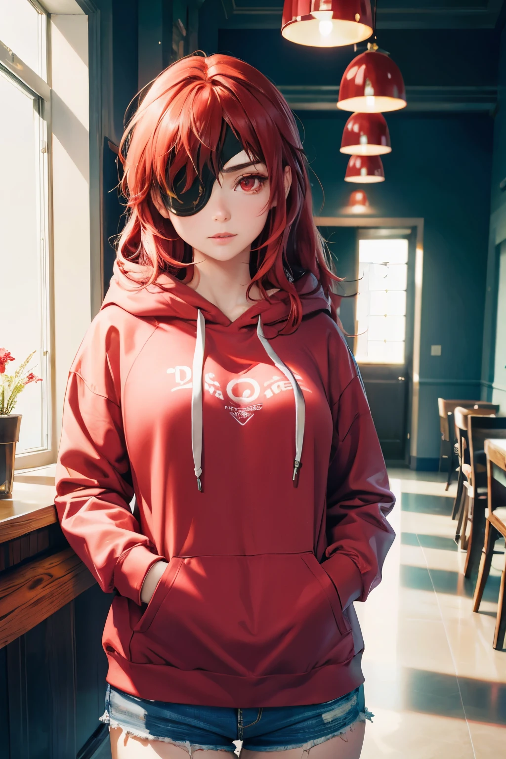 ((best quality)), ((masterpiece)), (detailed), perfect face, ((eyepatch:1.2)), (long hair:1.4), (red hair, red eyes:1.4), 1girl, solo, hotpants, upper body, hoodie, pink hoodie, inside a cafe sharp focus,sunlight on face, beautiful eyes, cinematic lighting,,realistic, Photo,8K RAW