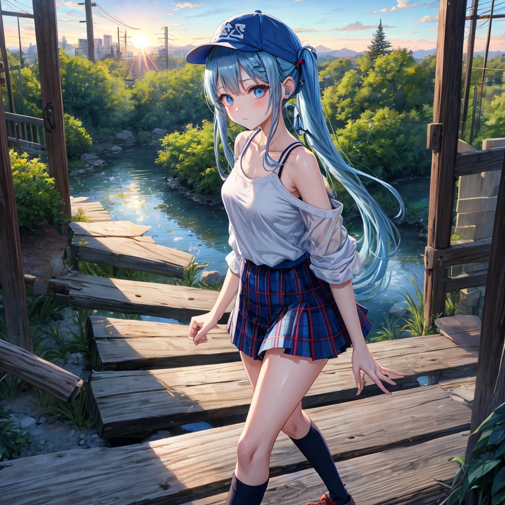 Blue hair、blue eyess、Braids、poneyTail、one good looking girl、独奏、animesque、Plaid miniskirt、Black T-shirt、camisole、the woods、Wearing a plaid baseball cap、bare-legged、Tilting your face、Walking、Crossing a log bridge while keeping balance、Doing the ribbon、have a twig、climbing the wooden stairs、falls、Blue Topaz、Sunset sky、Wearing headphones