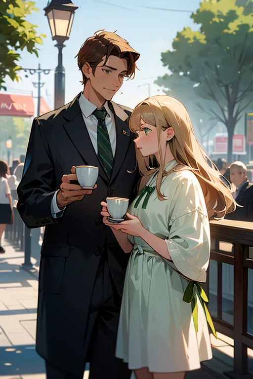man and woman on a date. Americans and British. woman with blonde hair and green eyes.A man with brown hair and green eyes. Drinking tea in the square. There is a slight difference in body size. Two people. couple.woman with bangs. woman with tied hair. woman with green ribbon.