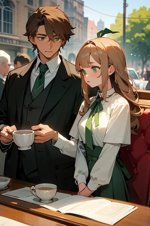 man and woman on a date. Americans and British. woman with blonde hair and green eyes.A man with brown hair and green eyes. Drinking tea in the square. There is a slight difference in body size. Two people. couple.woman with bangs. woman with tied hair. woman with green ribbon.