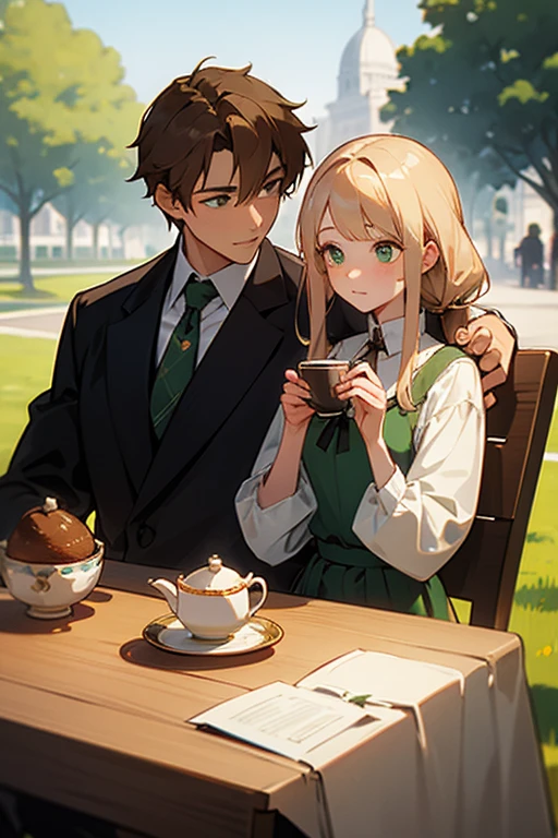 man and woman on a date. Americans and British. woman with blonde hair and green eyes.A man with brown hair and green eyes. Drinking tea in the square. There is a slight difference in body size. Two people. couple.woman with bangs. woman with tied hair. woman with green ribbon.