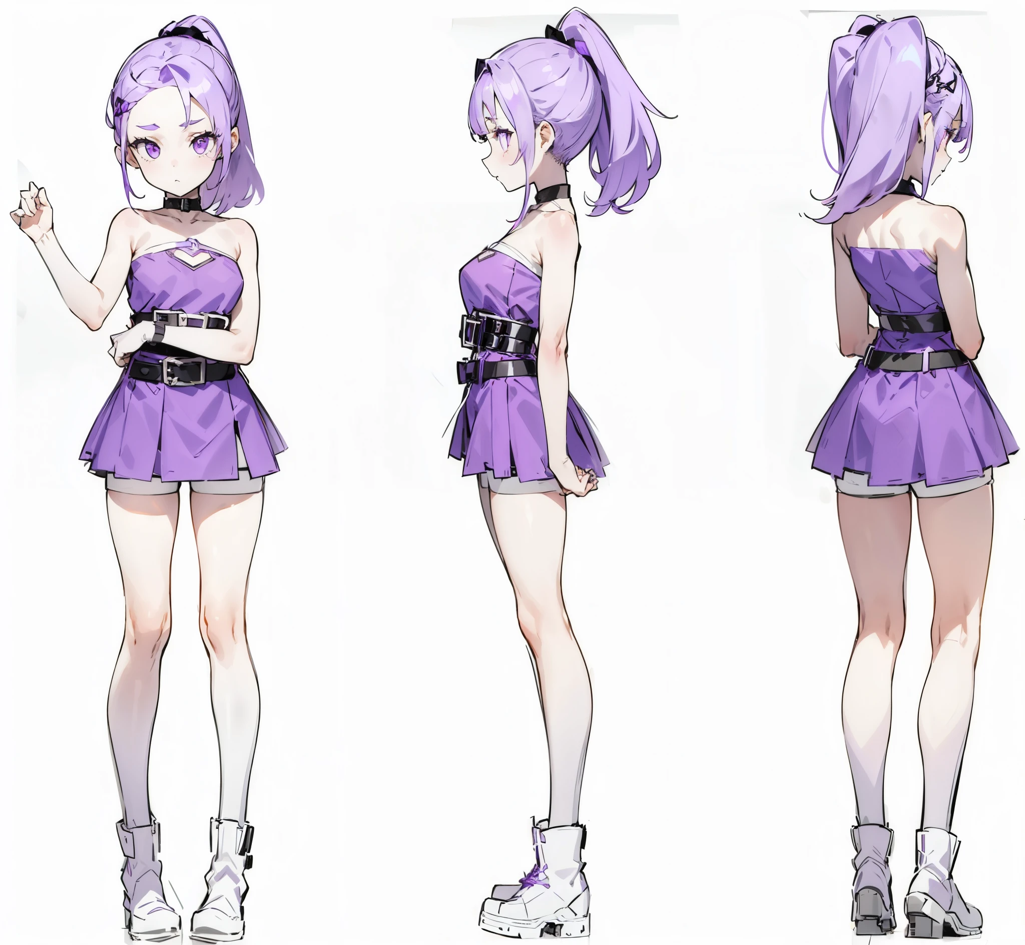 A girl with light purple hair,Three View,pony tails,White skin of the,a purple eye,Wear purple clothelack belt,White boots,tmasterpiece,extremly high detail