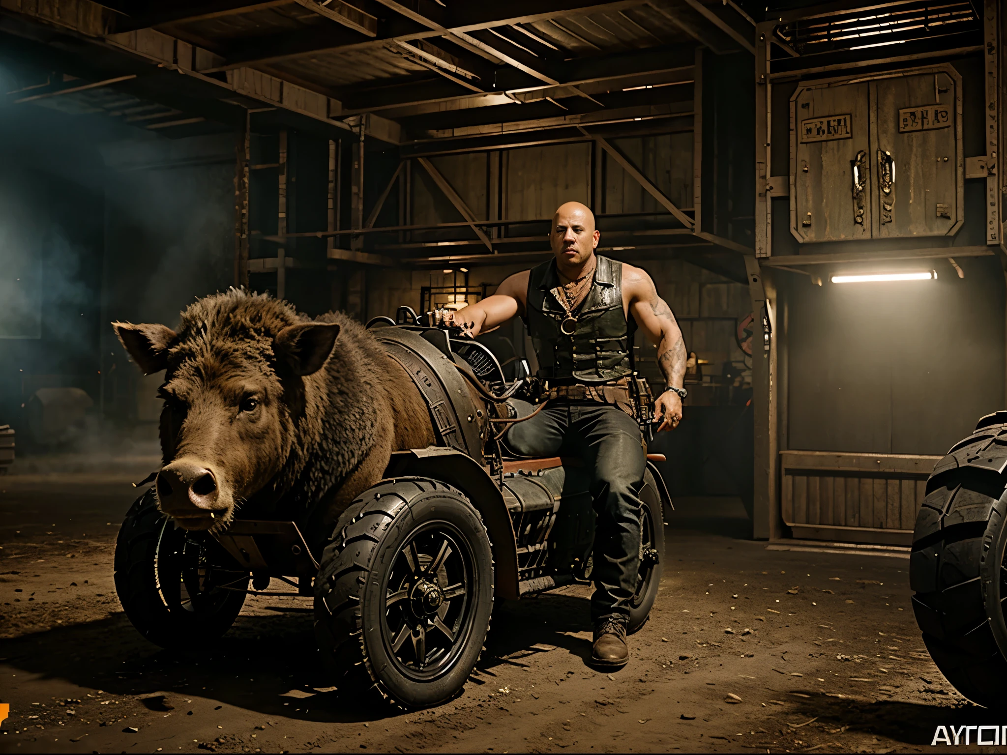 Vin Diesel riding a boar, behind robots, in rdr 2, rtx, Full HD, detail