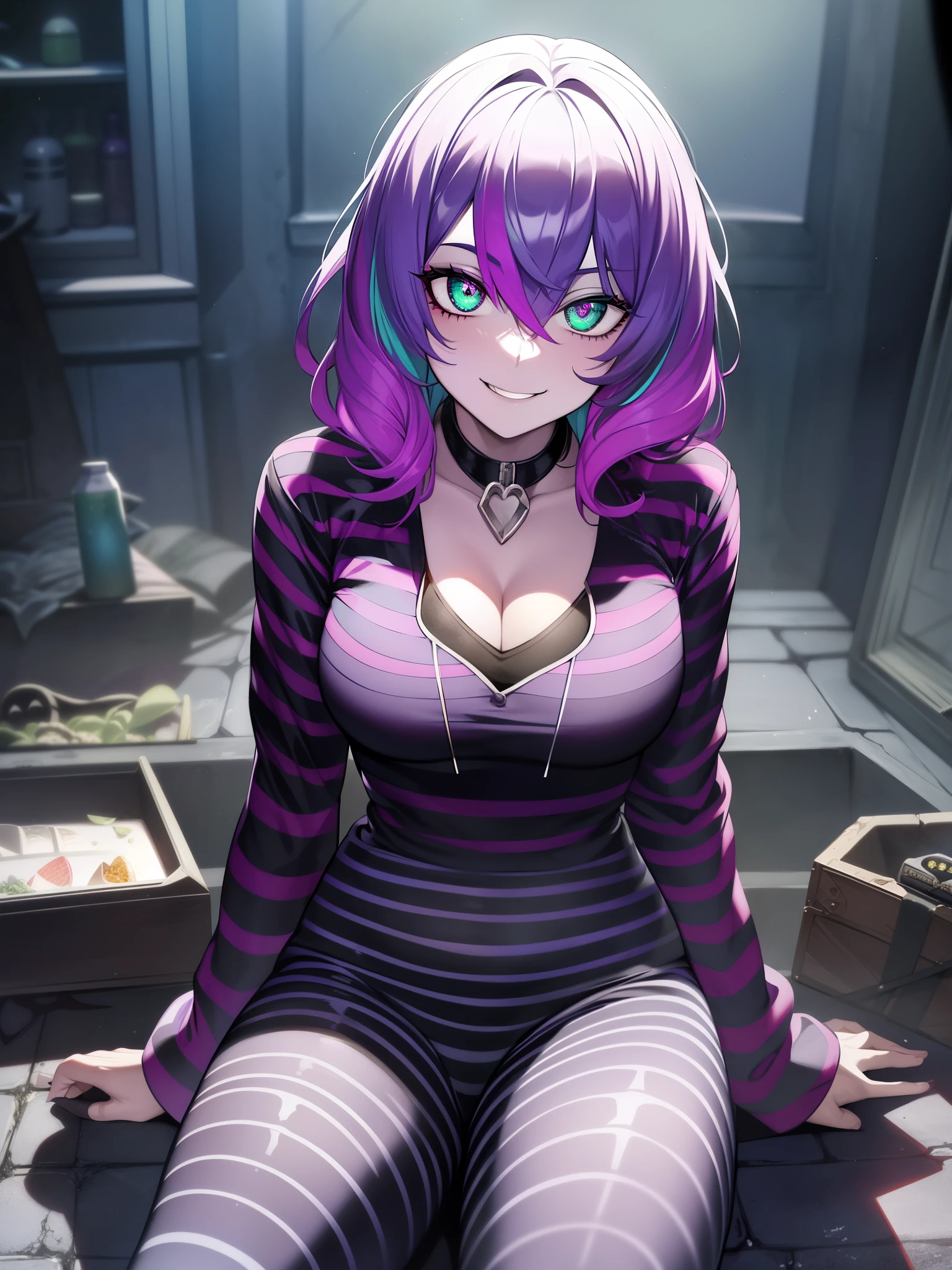 beetlejuice, Official art, 1girl in, Solo,(Demonic, semi - realistic, Demonic, Shiny skin, Textured skin),Holographic Eye, Heterochromia, Purple eyes, Striped jacket,striped shirt, two tone hair, striated hair, multicoloRed hair, Red hair, Green hair, wild hair, Evil Scenes,牙, Side lighting, Ray tracing, depth of fields, Solo, extreme light and shadows, masutepiece, postapocalyptic, Sexy, Beautiful , Scary, Rich in detail,(Detailed eyes), (Handsome) Detailed, (Stains of dirt), (Horror theme), (beetlejuice), Detailed eyes,(straight-on),(masutepiece), (Best Quality), (ultra-Detailed), (Best Illustration),(Best Shadow),Rim lighting, beetlejuice, ((beetlejuice)), Crazy smile, crazy expression,