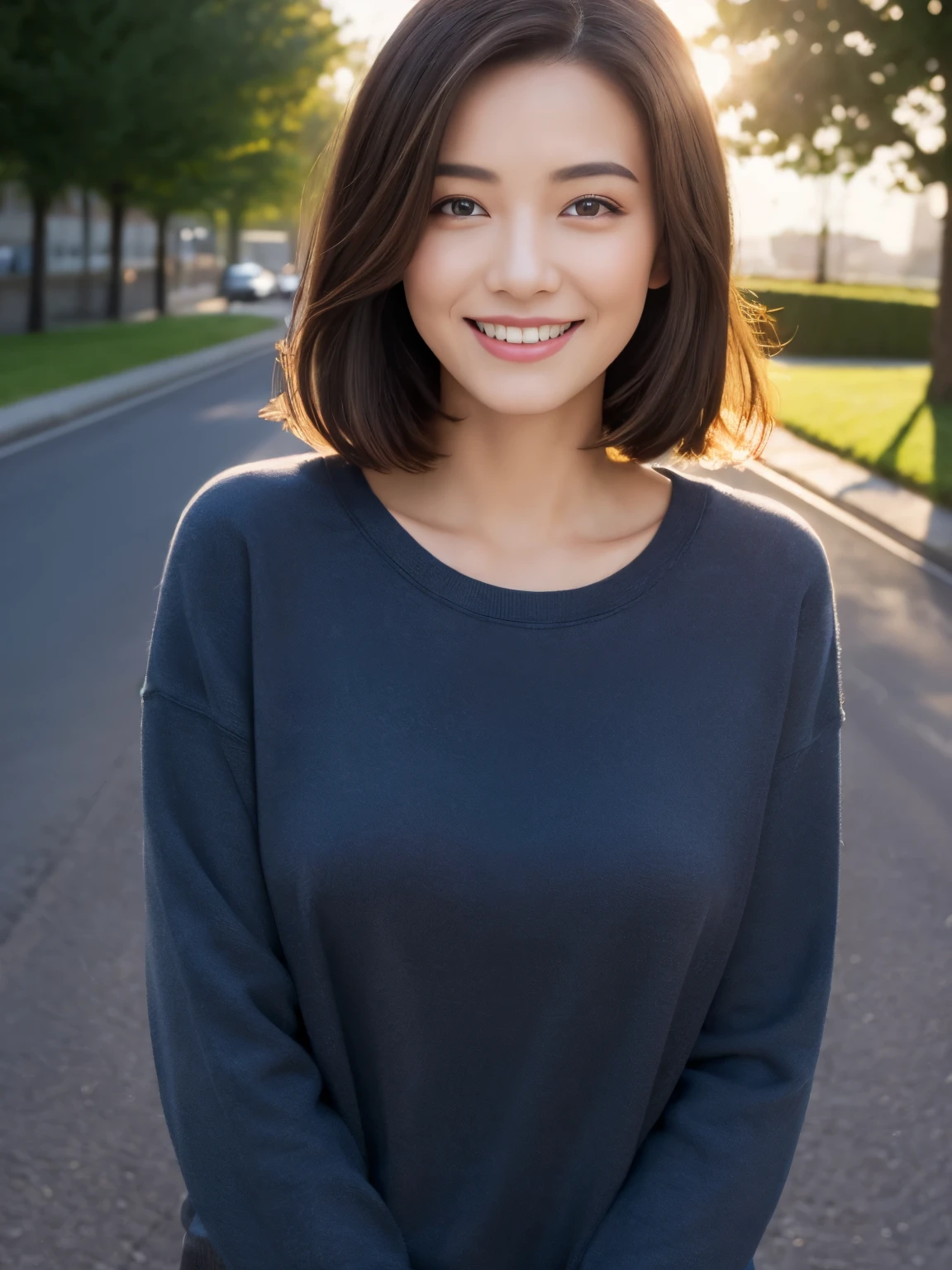 (top-quality、hight resolution、​masterpiece:1.3)、Beautuful Women、slim figure、(Short dark brown hair)、Sweatshirt、Beautifully rendered details on the road, Face and skin texture、A detailed eye、二重まぶた、big eye,A smile