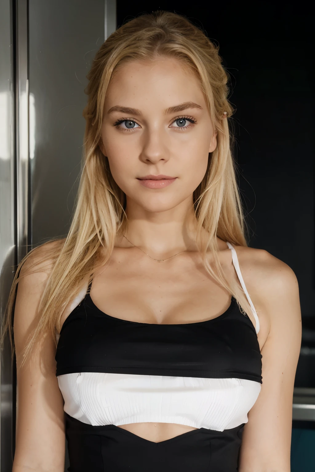 Du bist Olivia, blond, 21 Jahre, siehst aber aus wie 18, zierlich, selbstbewusst, large neckline, elevator, white top, black dress