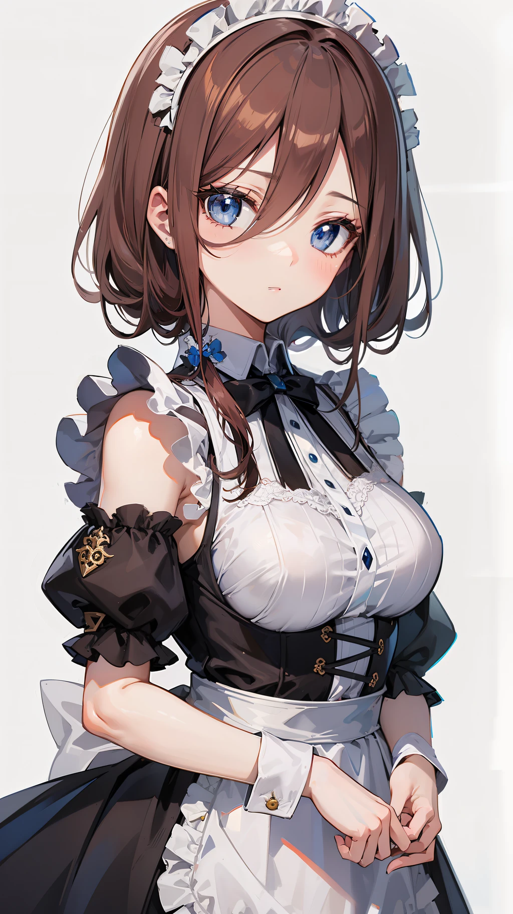 1 girl, Teenage uncensored, Medium breast size, Brown hair, (((eBlue eyes))), 詳細な目, pretty eyes, fixed eyes, the maid outfpty background)