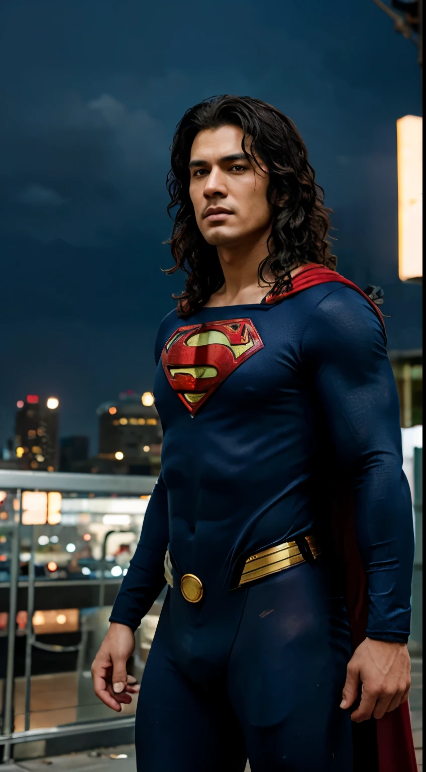 ultra hd:1.3, realistic, 1male, asia face, curly hair, superman outfit, very broken city background:1.3, view from front, (realistic eye)