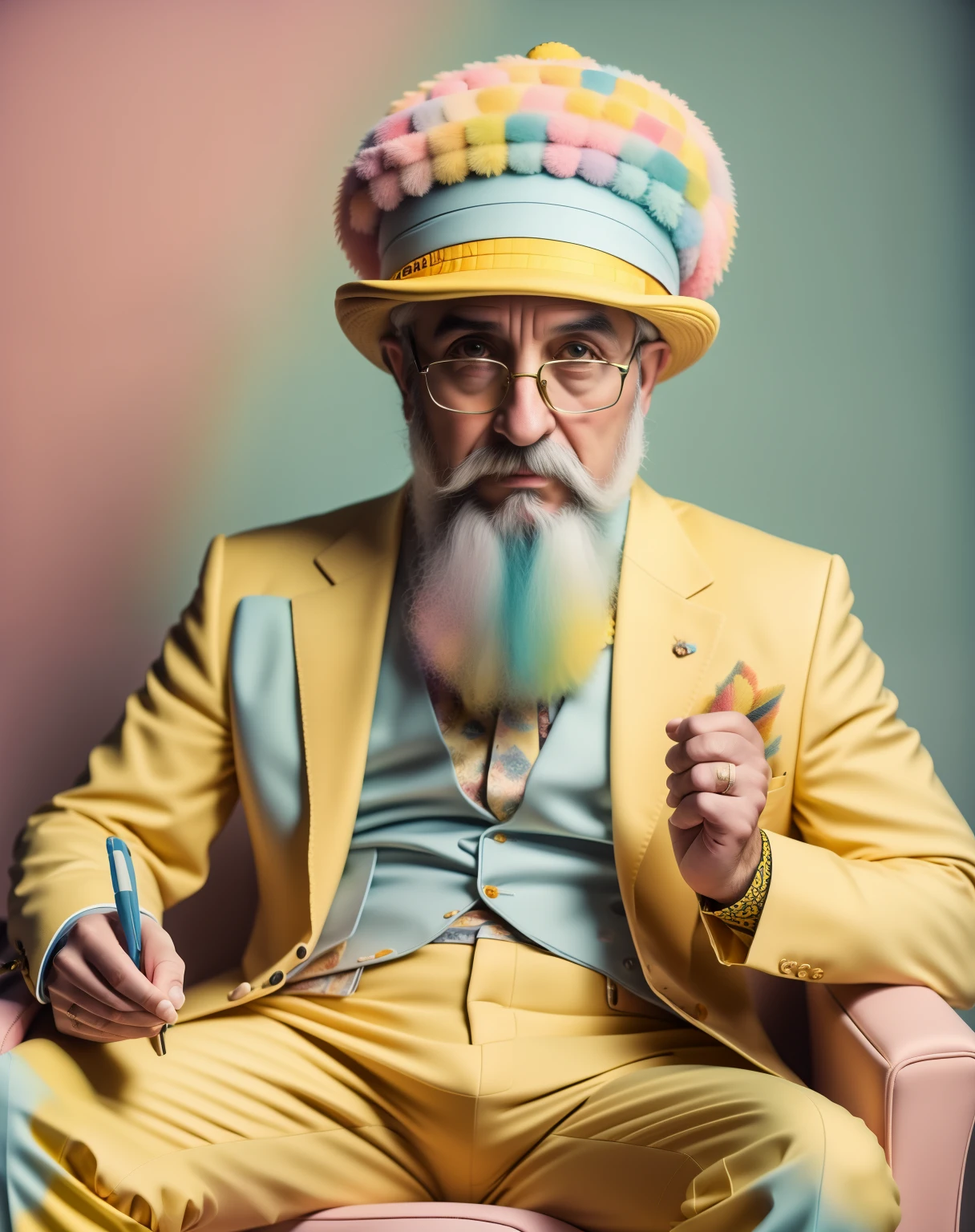 giraffe sitting in an armchair working on the computer dressed in a yellow suit and a light and colorful Turkish hat, pompones en la cabeza y las orejas, con fondo azul, Annabel Kidston, foto profesional, Un retrato de personaje, Movimiento kitsch, Colores pastel