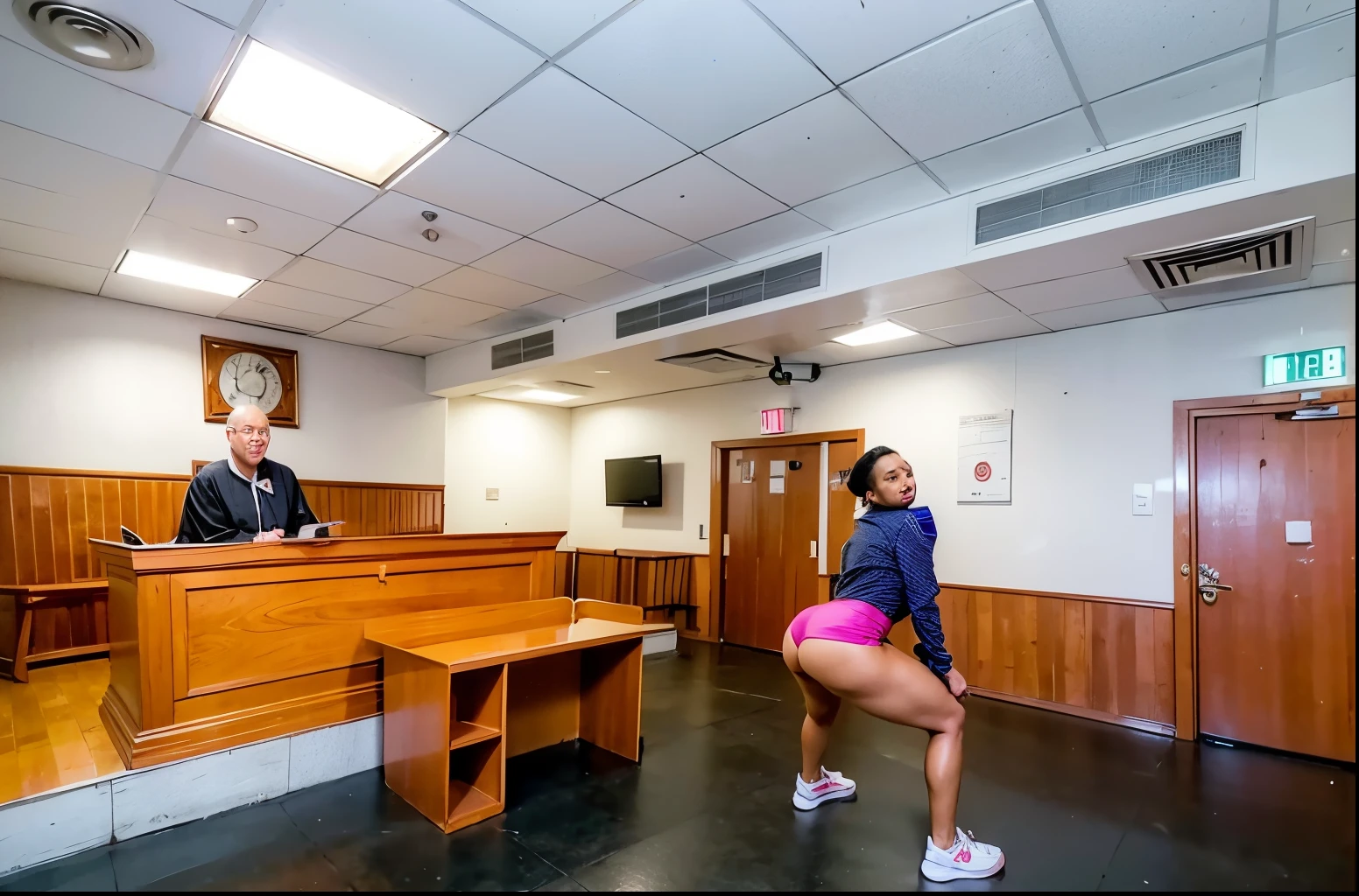 there is a black woman wearing sexy pink pants and blue shirt twerking on the floor in a court room, court images, in court, court session images, in a courtroom, courtroom scene, court room, court drawing, accurate court, courtroom, maxim sukharev, ilya kushinov, ilya ozornin, marat zakirov, alexandra fomina, nikolay kopeykin, male judge sitting at the court looking at the black woman in the floor, realistic image, 16k resolution , fix the face of the woman, fix the face of the male judge