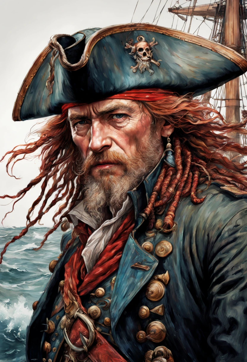 highly detailed linework reminiscent of Carne Griffiths, imbued with Wadim Kashim's bold color and texture, light and airy as Carl Larsson's compositions, old ship, black sails, pirate, captain, hat, red hair, wind, sea, motion, wind, heavy rain, featuring Pascal Blanche-style hyper-realistic characters, pastel, elegance, dramatic lighting, expressive camera angle, matte, concept art