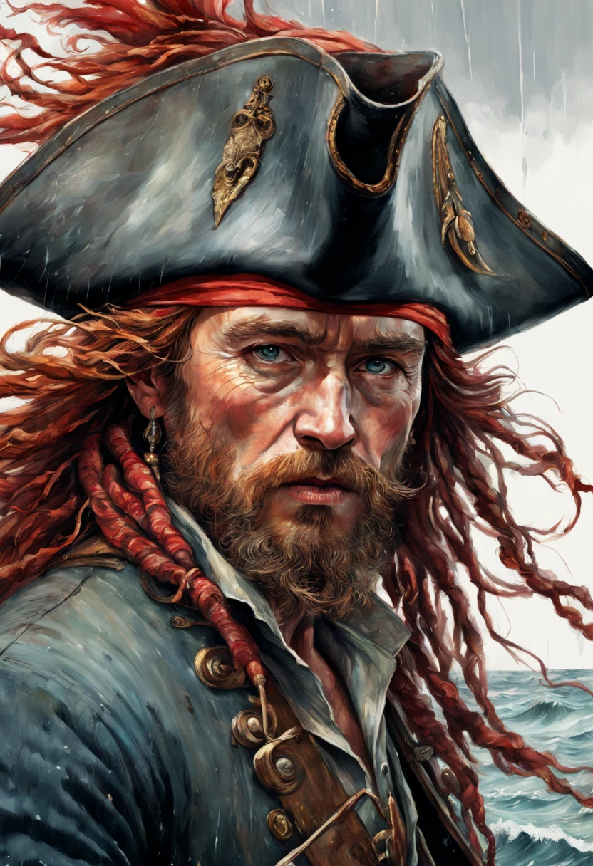highly detailed linework reminiscent of Carne Griffiths, imbued with Wadim Kashim's bold color and texture, light and airy as Carl Larsson's compositions, old ship, black sails, pirate, captain, hat, red hair, wind, sea, motion, wind, heavy rain, featuring Pascal Blanche-style hyper-realistic characters, pastel, elegance, dramatic lighting, expressive camera angle, matte, concept art