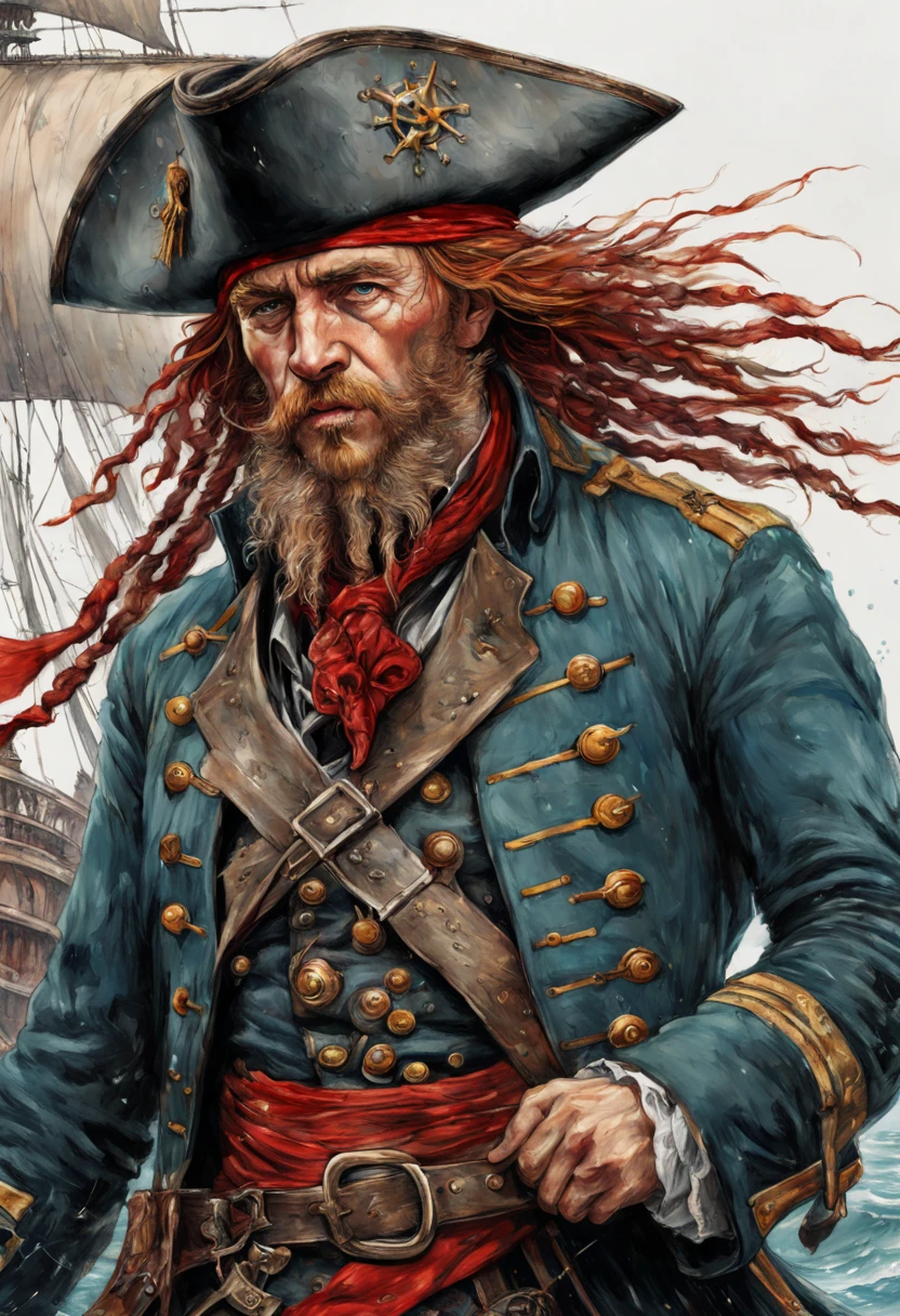 highly detailed linework reminiscent of Carne Griffiths, imbued with Wadim Kashim's bold color and texture, light and airy as Carl Larsson's compositions, old ship, black sails, pirate, captain, hat, red hair, wind, sea, motion, wind, heavy rain, featuring Pascal Blanche-style hyper-realistic characters, pastel, elegance, dramatic lighting, expressive camera angle, matte, concept art
