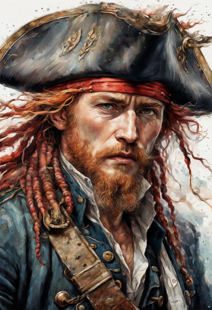 highly detailed linework reminiscent of Carne Griffiths, imbued with Wadim Kashim's bold color and texture, light and airy as Carl Larsson's compositions, old ship, black sails, pirate, captain, hat, red hair, wind, sea, motion, wind, heavy rain, featuring Pascal Blanche-style hyper-realistic characters, pastel, elegance, dramatic lighting, expressive camera angle, matte, concept art