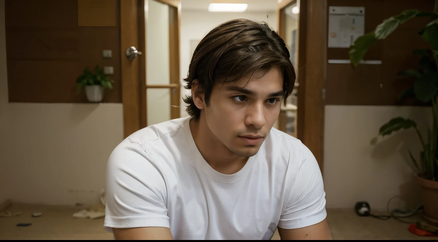 A young adult named Rafael, around 25 years old, with a resilient appearance and an expression of resilience. He has short, slightly tousled brown hair and expressive brown eyes that reflect a mix of past experiences and hope for the future. He is dressed casually in a simple t-shirt and jeans, and has a sad, confused posture. Rafael is in a rehabilitation clinic for people with illicit drug problems