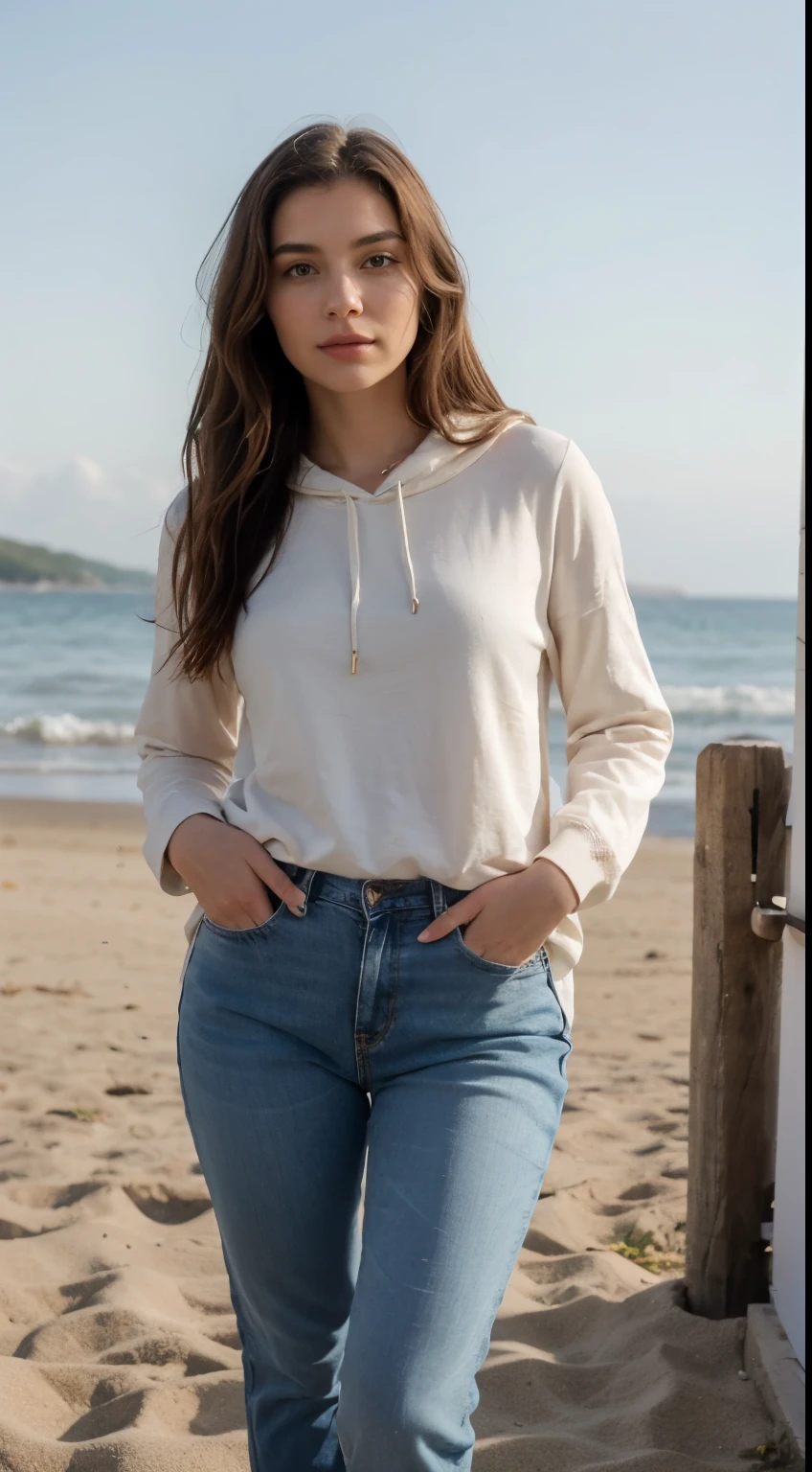 photography of a 20yo woman, perfect face, fully dressed, use the same face, masterpiece, same face, The setting is serene, with the clear blue Adriatic Sea gently lapping at the shore. The sky is a blend of soft pastel colors, hinting at either dawn or dusk.
The model has a relaxed, contemplative expression. She’s dressed casually, embodying a natural and effortless style. She’s wearing a plain white hoodie, with her hands casually tucked into the pockets, emphasizing a laid-back, carefree attitude. The hoodie is slightly oversized, giving a cozy, comfortable look.
Her jeans are classic blue denim, well-fitted but not tight, complementing the relaxed theme of the outfit. The jeans are unembellished, simple yet stylish, harmonizing with the simplicity of the beach setting.
She is barefoot, with her feet partially buried in the soft, golden sand, highlighting her connection with the natural beauty around her. Her hair is loose, maybe slightly tousled by the sea breeze, adding to the overall serene and unpretentious ambiance of the scene.
There are no accessories or jewelry, maintaining the theme of natural beauty and simplicity. The focus is entirely on the model, her outfit, and the breathtaking natural beauty of the Croatian beach. The overall mood is peaceful, with a sense of freedom and connection to nature.