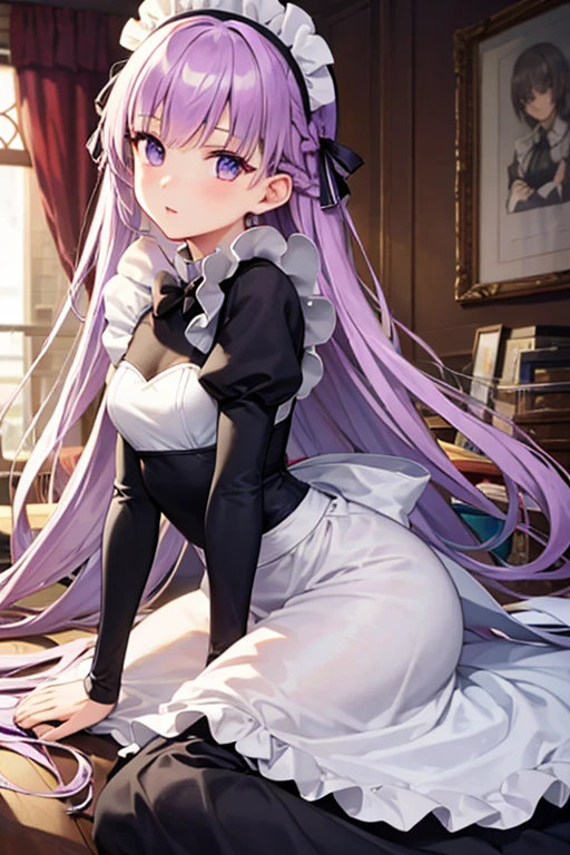 masutepiece, Best Quality,girl with、(16 years old)、((Maid clothes beautiful fine eyes))、 (Detailed light)、depth of fields、Light purple hair、Light purple eyes、Very long hair、((Straight hair))、