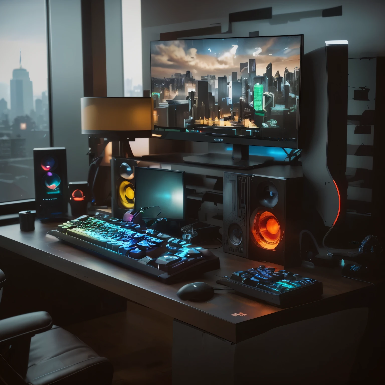 Create a high end gaming computer sitting on a dark brown wood desk. The computer is in a New York coffee shop themed penthouse. The computer components are glowing with colors and can be seen from the side including water cooled system and fans. The penthouse is dark inside at night . there is a modern flat keyboard with flat keyboard keys on the table beside the computer that has colorful lit keyboard keys. There is a gaming monitor also on the desk