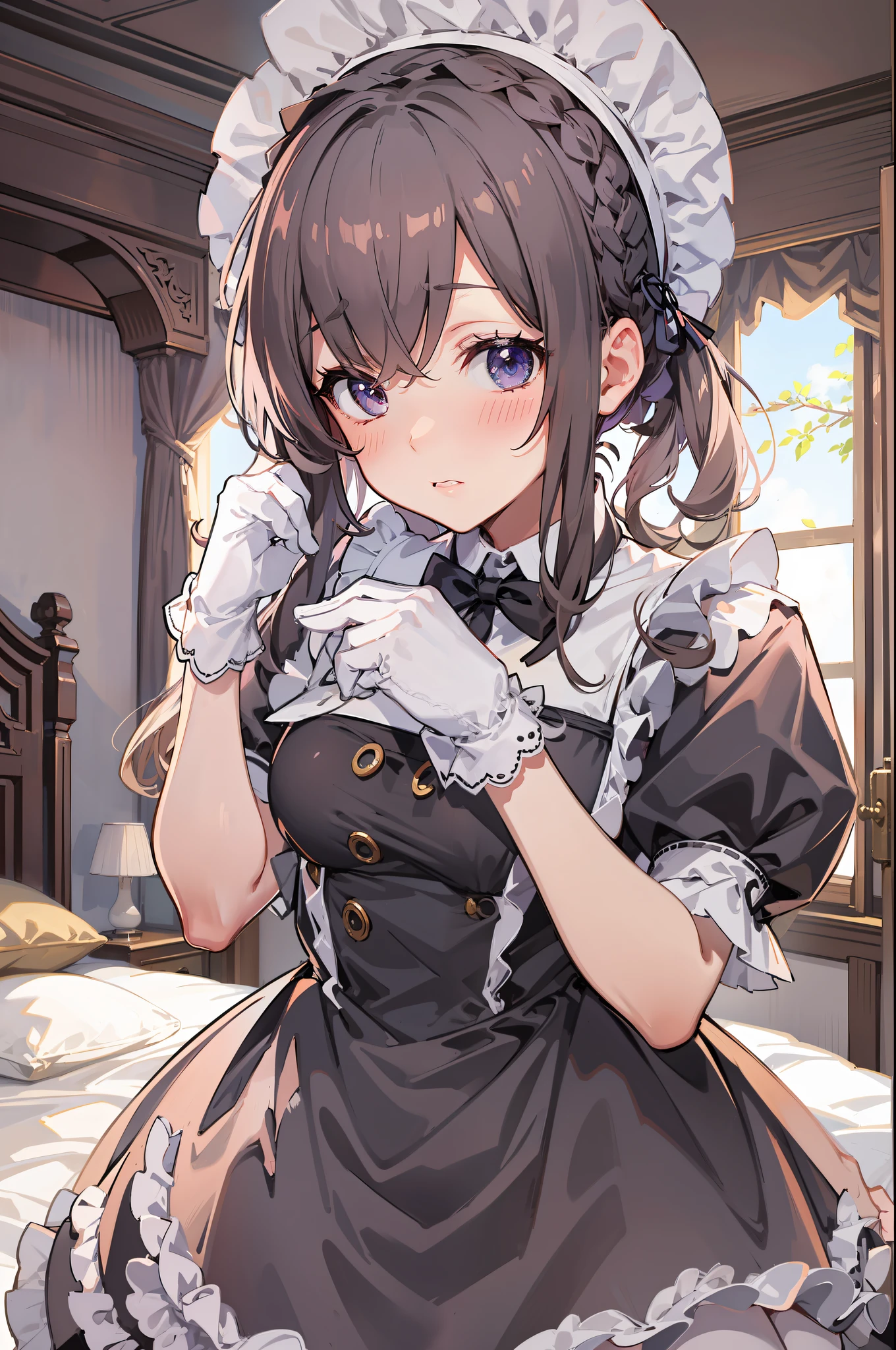 On the table, Best quality at best, a skirt, Fluffy sleeves, maid apronl, maid headdress, cow boy shot, Be red in the face, avoid eye contact, Bedrooms,