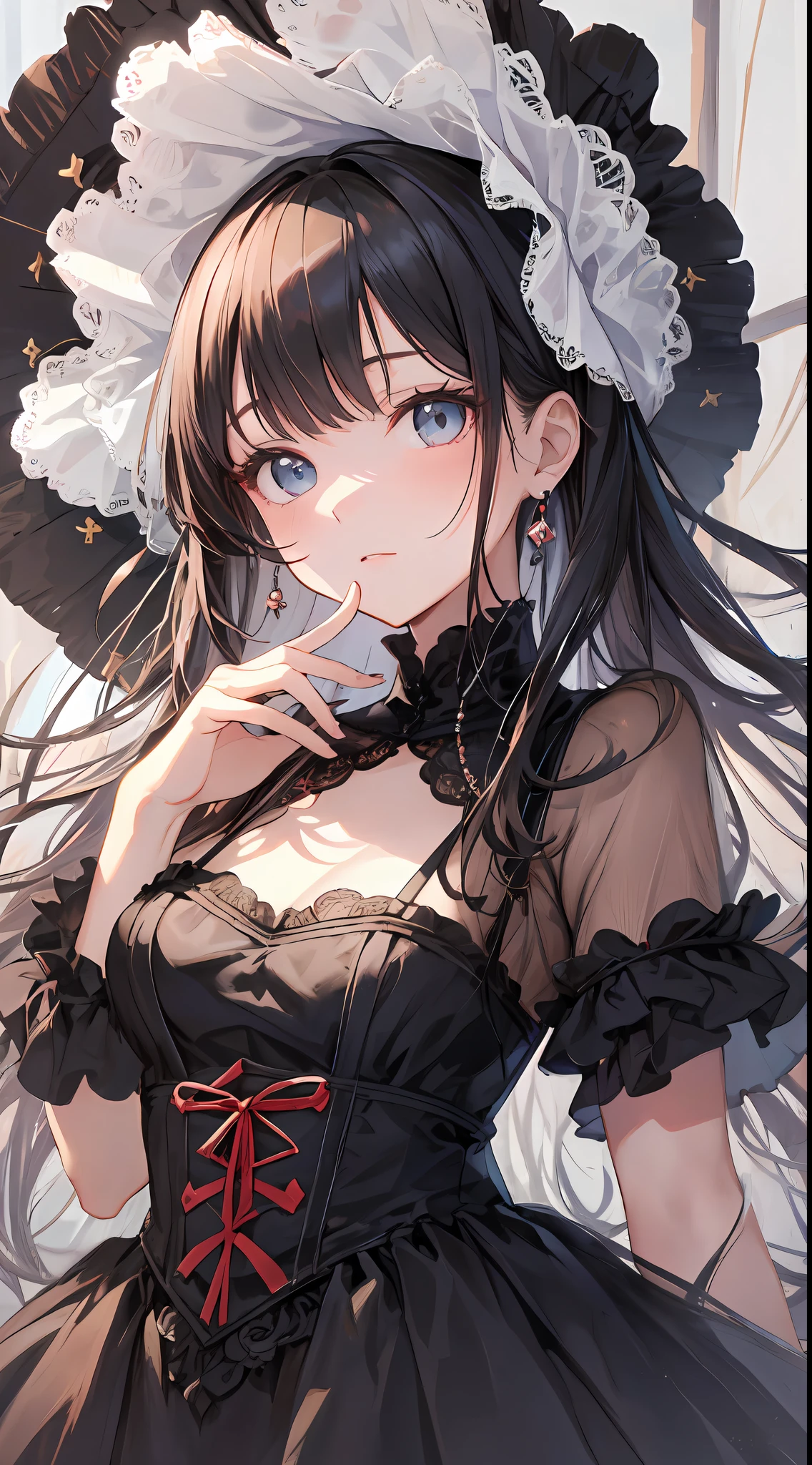 "What unfolds before my eyes is the presence of a little girl born into a noble family of the world. She possesses ageless grace and innocence, but her excellence is noble Gothic Lolita fashion. It is the work of a hyperrealist artist, and her details are lovingly depicted.

Her outfit is a pure white and black dress, which is the essence of Gothic Lolita fashion. The texture of velvet and silk is realistically reproduced, and its unique luster sets her apart from her childhood Fine lace and ribbons, and rose embroidery is applied throughout the dress, all emphasizing her innocence.

On her head, there is a black bonnet, the outline of which is studded with small pearls. The elegant decoration beautifully frames her face. We are doing it at the time.

In her hands is a small black parasol, the details of which are decorated with lace and ribbons. Her elegant accents are depicted along with her innocence.

Their innocent eyes fascinate everyone who sees them, and they have the power to capture their hearts with their glimpses.

Her presence, whose gorgeous yet delicate presence, has the magical power to draw everyone in to the viewer. All of them are highly polished and reproduce images of the highest quality. Pure charm comes to the fore. This is the best masterpiece we have ever created, and its beauty and personality will never surpass it."