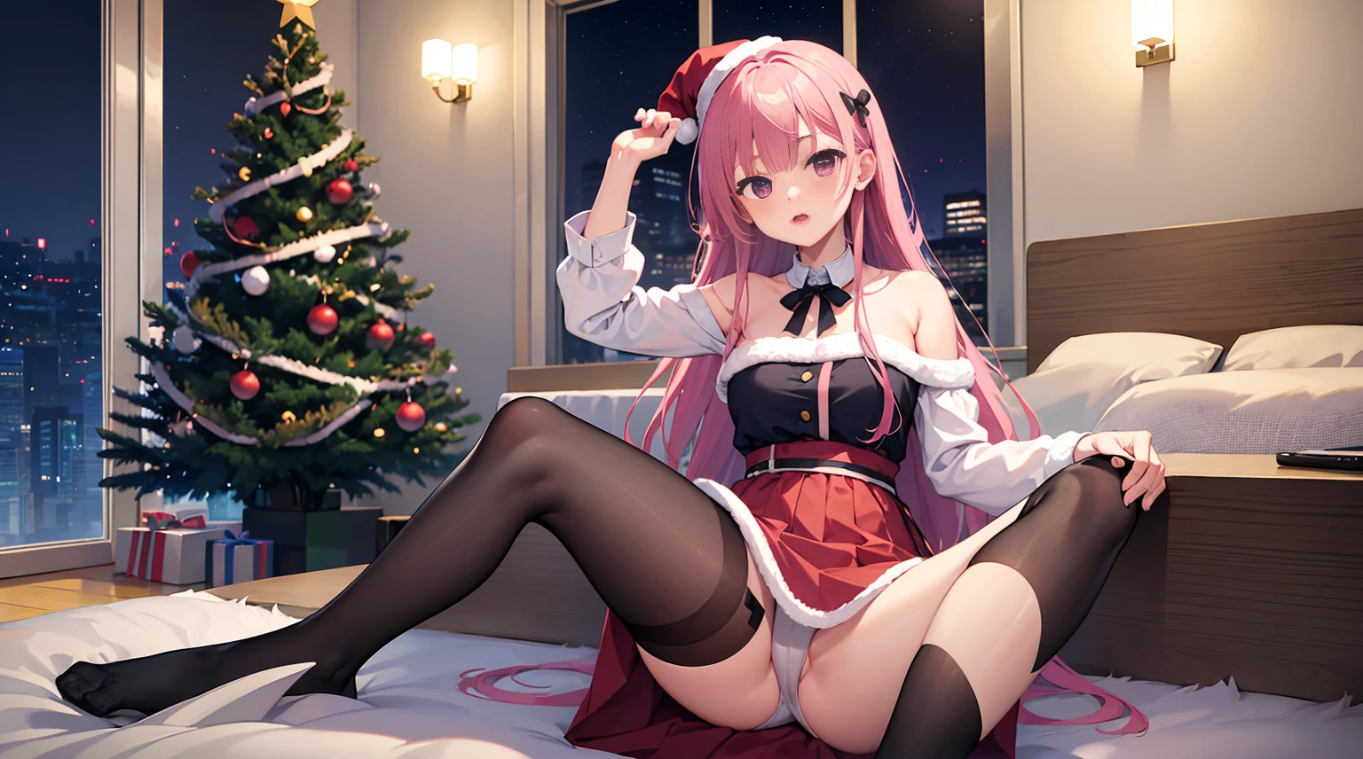 one-girl，soio，Pink Long Hair，Medium-hair long，dishiveredhair，红色Christmas衣服，Christmas，Christmas节，natta，beside a window , night city background，Digital punk, Anime style 4k, in a  bedroom，Computer，Black stockings，Mitsukasa Ayase、Character-centric