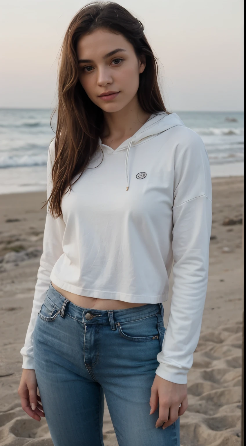 photography of a 20yo woman, perfect face, fully dressed, use the same face, masterpiece, same face, The setting is serene, with the clear blue Adriatic Sea gently lapping at the shore. The sky is a blend of soft pastel colors, hinting at either dawn or dusk.
The model has a relaxed, contemplative expression. She’s dressed casually, embodying a natural and effortless style. She’s wearing a plain white hoodie, with her hands casually tucked into the pockets, emphasizing a laid-back, carefree attitude. The hoodie is slightly oversized, giving a cozy, comfortable look.
Her jeans are classic blue denim, well-fitted but not tight, complementing the relaxed theme of the outfit. The jeans are unembellished, simple yet stylish, harmonizing with the simplicity of the beach setting.
She is barefoot, with her feet partially buried in the soft, golden sand, highlighting her connection with the natural beauty around her. Her hair is loose, maybe slightly tousled by the sea breeze, adding to the overall serene and unpretentious ambiance of the scene.
There are no accessories or jewelry, maintaining the theme of natural beauty and simplicity. The focus is entirely on the model, her outfit, and the breathtaking natural beauty of the Croatian beach. The overall mood is peaceful, with a sense of freedom and connection to nature.