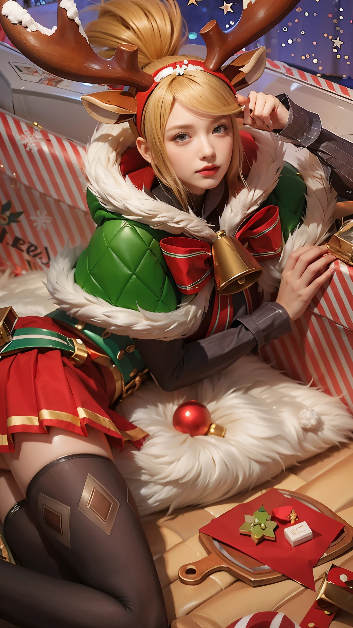 (female:1.2), 8k, ultra hd, ultra detailed texture, hyper realistic, masterpiece, detailed texture, detailed face, detailed skin, detailed lighting, (photorealistic:1.5), best quality, beautiful lighting, cinematic lighting, professional lighting, ultra highres, realistic, detailed hair, real hair, high quality, (realskin:1.5), extremely detailed, finely detail, ultra-detailed, 1girl, solo, blonde hair, christmas costume,pose sit on the sofa, deer horn