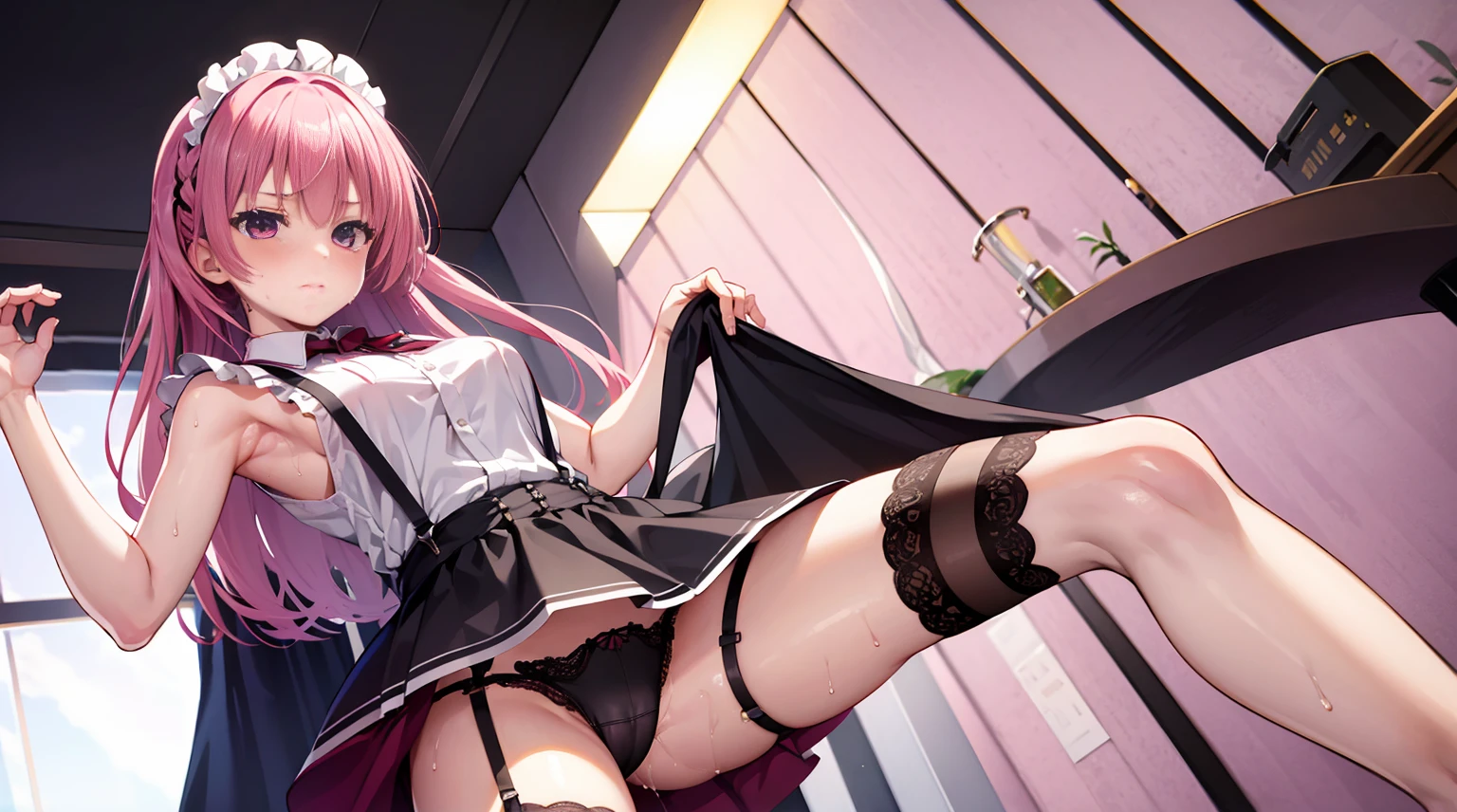 one-girl，soio，the maid outfit，black short skirt，Suspenders，A pink-haired，is shy，Be red in the face，suspenders ，Garter belt on the legs,Expose the armpits，Sweating in the armpits,firm appearance,Mitsukasa Ayase