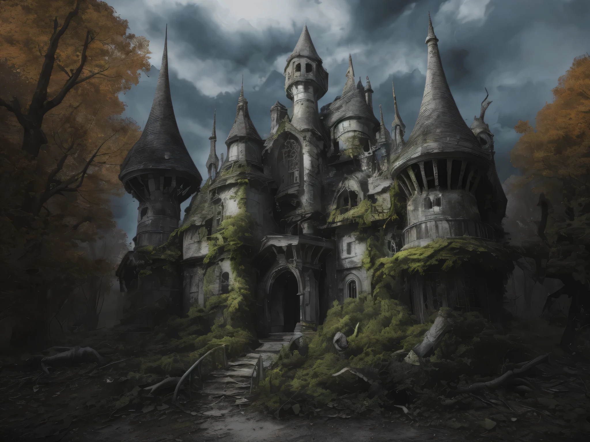 (ultra - detailed,A high resolution,tmasterpiece:1.2),creepy atmosphera,Dark and gloomy environment,Thick impasto painting style,unforgettably beautiful,Ominous Shadows,Ominous silence,Spooky haunted house,foggy cemetery,Ethereal mist,spooky trees and branches,A lonely figure in the distance,Sinister atmosphere,Horrible details,eerie lights,desolate scenery,gothicarchitecture,Gloomy color palette,Dramatic brushstrokes,Hauntingly realistic textures,Creepy doll,scary detailed face,spine-chilling atmosphere,feeling cold and abandoned,vivid nightmare,pencil etching,Distorted reality,Nightmarish dreams,scary detailed landscape,Creepy Crawlers,disturbing expression,Dark secrets,horror at its best,Ominous mood,An unsettling aura,Terror gets justice,soft darkness,bone-chilling tmasterpiece