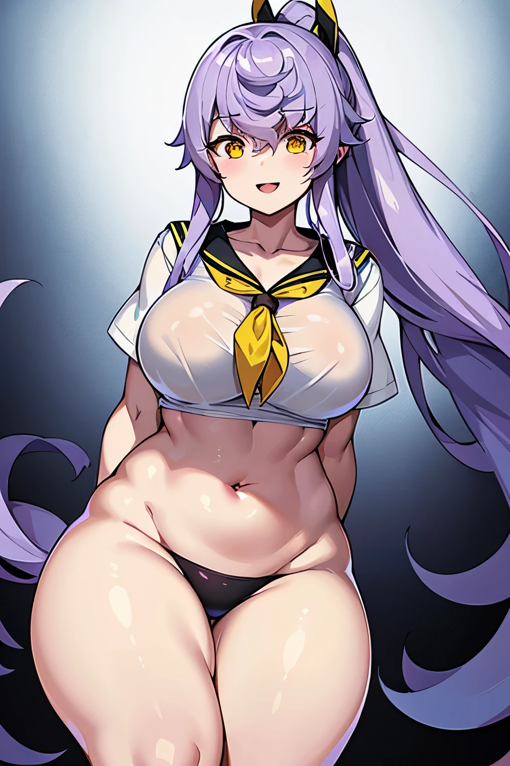 Top-quality, Super high resolution, Anime style, masterpiece, Purifier, 1girl, solo, sailor suit, hair clip, very long ponytail, Big boobs, Voluptuous, Plump, Chubby, Thick thighs, Big ass, Eyes are glowing, Beautiful eyes, Evil smile, cowboy shot, Fullbody, Looking at viewer