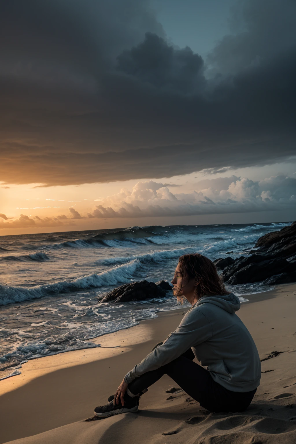 (masterpiece, best quality: 1.2), ultra detailed, cinematic lighting, HDR, illustration, landsape, 1girl, (soft colors), post-apocalyptic beach, the night, desolate atmosphere, girl sitting on the sand, covered vegetation, (overcast sky), waves crashing on the coast, (melancholic but hopeful), quiet moment of respite, (detailed textures), windswept hair, cloudy at night