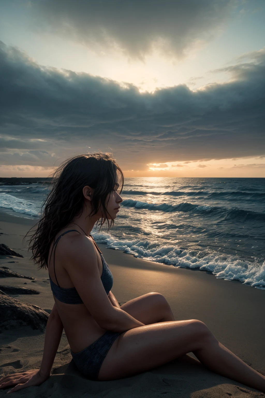 (masterpiece, best quality: 1.2), ultra detailed, cinematic lighting, HDR, illustration, landsape, 1girl, (soft colors), post-apocalyptic beach, the night, desolate atmosphere, girl sitting on the sand, covered vegetation, (overcast sky), waves crashing on the coast, (melancholic but hopeful), quiet moment of respite, (detailed textures), windswept hair, cloudy at night