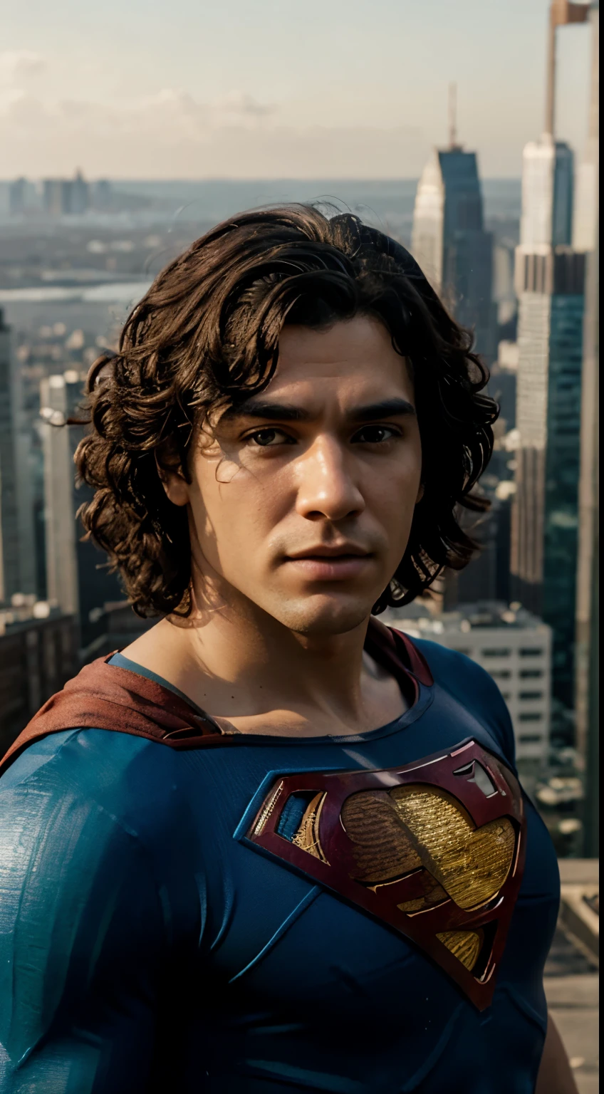ultra hd:1.3, realistic, 1male, oval face, curly hair, superman outfit, very broken city background:1.3, view from front, realistic eye