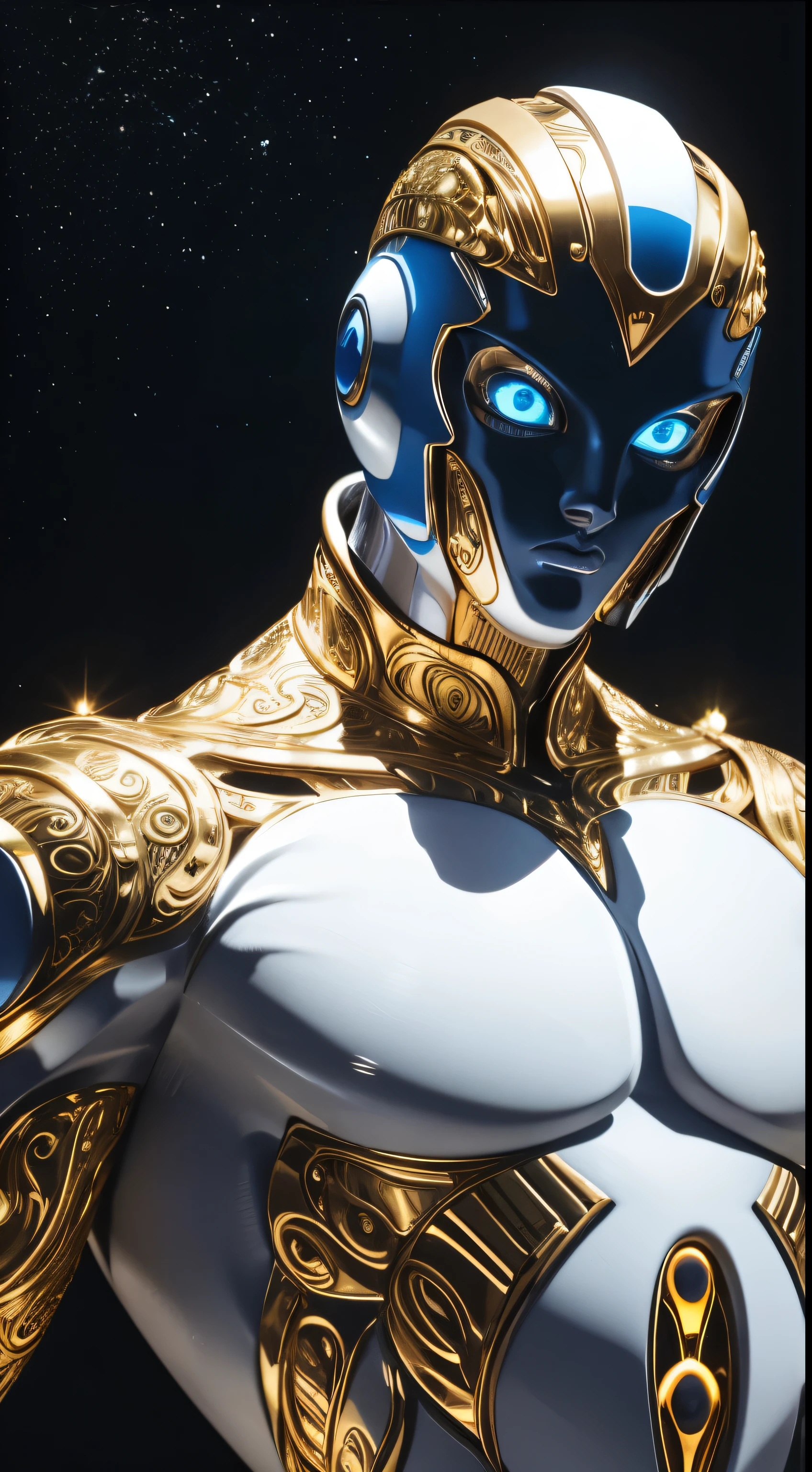 End Of The World manifests as an intricate metallic humanoid figure with an elegant white body. Its design is adorned with intricate golden patterns that glow softly when activated..... Os olhos do Stand emitem uma luz azul intensa, and its limbs are decorated with crystalline structures that shine with different colors.
