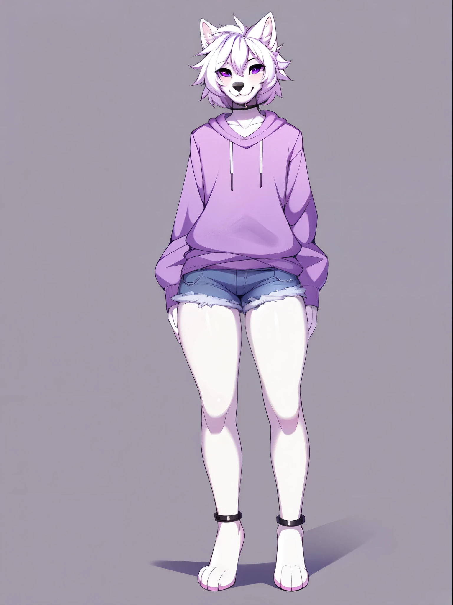 Solo:1.3, Naomi, a white wolf boy, male, feminine, detailed purple eyes, short white hair, white wolf ears, white wolf tail, thick thighs, wearing baggy pink long sleeve shirt, jean shorts, ankle bracelets, toe rings, plantigrade:1.2, 4 toes, simple background, full body shot, feet visible, by hyattlen, by braeburned, by fumiko, full body shot, high resolution, standing, front view, absurdres, highly detailed