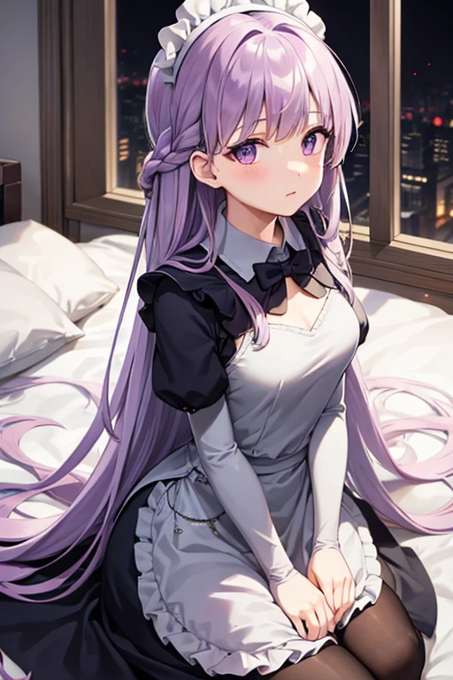 masutepiece, Best Quality,girl with、(16 years old)、((Beautiful eyes in maid uniform))、 (Detailed light)、depth of fields、Light purple hair、Light purple eyes、Very long hair、((Straight hair))、(on the beds)