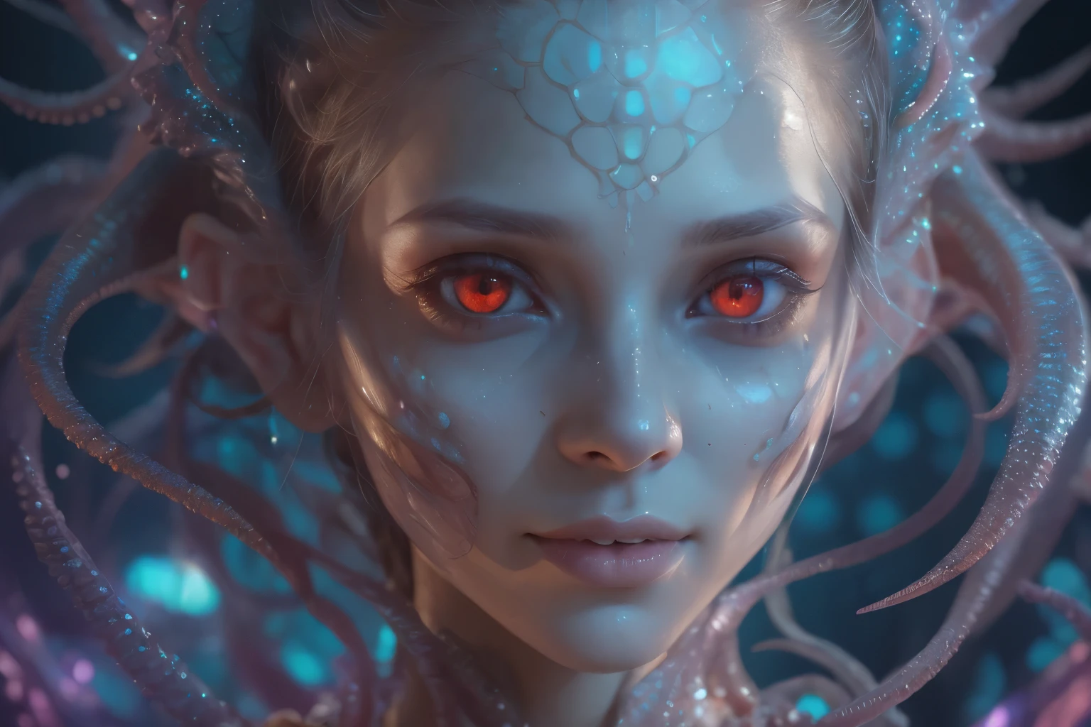 Portrait, (beautiful female alien:1.2), (she has red eyes with no pupils:1.8), (Translucent skin:1.7), (There is a female genital-like organ in the middle of the forehead:1.9), (The most beautiful face in the history of the universe:1.2),an evil gaze that seduces, (large mouth:1.1), (sharp teeth like a vampire:1.2), Full body like, (bio luminescent:1.5), (Smile wickedly:1.3), (sexypose:1.5), alien, No humans, cells are fused, (Lots of translucent tentacles:1.3) extraterrestrial, cell, bio image, Best Quality, 8K,4K_quality, High Definition, Dramatic Lighting, masutepiece:1.5,cinematic quality, detail up, (Intricate details:1.2), High resolution, High Definition, drawing faithfully, (Thick eyebrows:1.2), Beautiful eyes with fine symmetry,(Highly detailed face and eyes:1.2), Intimate face, (Super detailed skin quality feeling:1.4), Perfect Anatomy, (Beautiful toned body:1.5), (Moist skin:1.2), No makeup, (dark circles:1.1), long canines, cinematic drawing of characters, ultra high quality model, cinematic quality, detail up, (Intricate details:1.2), High resolution, High Definition, drawing faithfully, Official art, Unity 8K wall , 8K Portrait, Best Quality, Very High resolution, ultra detailed artistic photography, midnight aura, unreal enginee 5, Ultra Sharp Focus, art by alberto seveso, ArtGerm, Roisch, intricate artwork, best quality, masutepiece, ultra High resolution, (photos realistic:1.4), Ultra-realistic realism, dream-like, nautilus, Creation of fantasy, Snail, Dream Snail, biopunk nautilus, Thrilling color schemes, Ultra-realistic realism, seductively smiling, Blue tentacles,