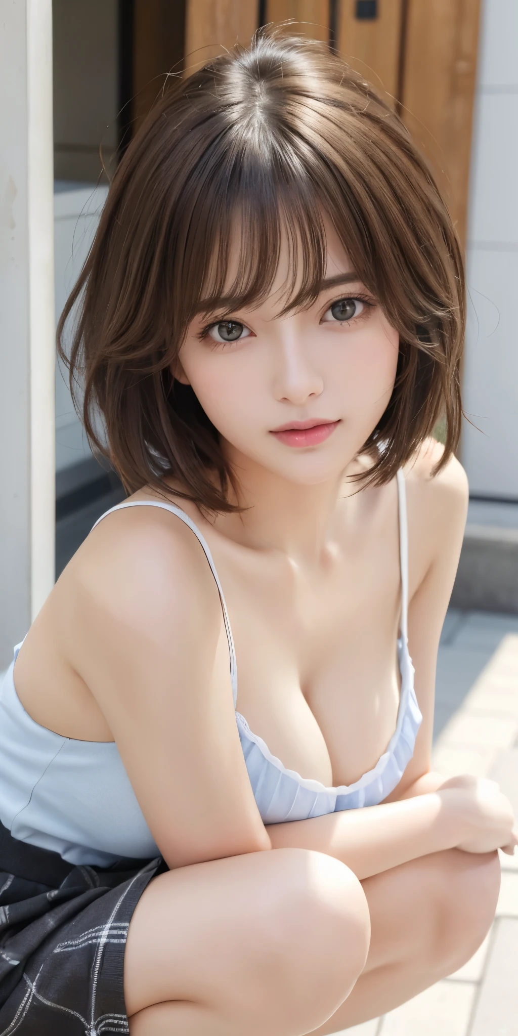 Photorealsitic、masuter piece、top-quality、hight resolution、Raw photo、realisitic、Bright lighting、face lights、Smooth professional lighting、Women in Japan、Beautuful Women、modeled、gravure、A sexy、Super beautiful、realisiticで美しい肌、Beautiful and detailed eyes、A detailed face、slim、medium large breasts、short-hair、brunette color hair、eyes are brown、is looking at the camera、squatting、skirt by the、Raw feet、