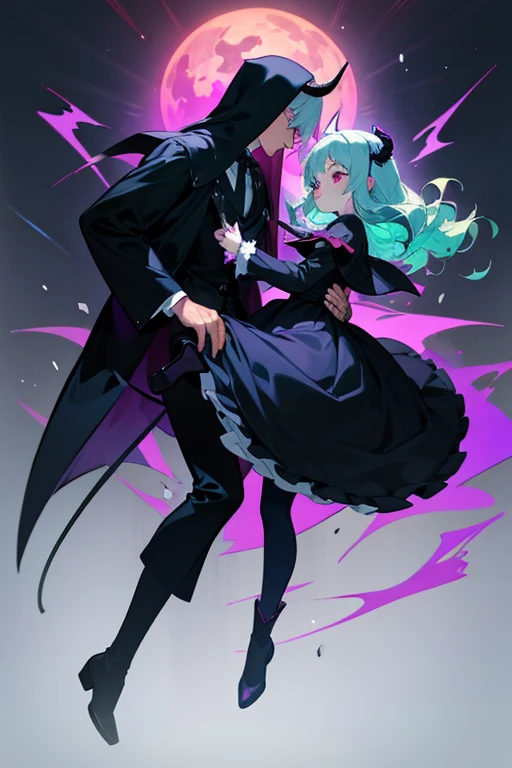 man and woman on a date.Two people. couple. A man with silver hair with a hint of purple. Purple eyes.A man wearing a white collared shirt.dark blue tie.dark blue pants. man holding a black whip.. piercings. short hair man. Woman with light green hair.. woman with long wavy hair.. little black devil horns. girl with red eyes..nun.ta.gotik.Little Black Riding Hood.s whole body.from head to toe.Black Boots.Long skirt.without exposure.In the cathedral.Demon woman and male priest