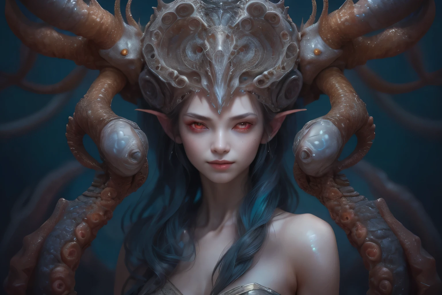 (1 female medusa-like mutant: 1.2), With a beautiful, enchanting face, this alien seduces us with her allure. Her captivating red eyes gleam brightly, reminiscent of burning embers. Her full body is unlike any human's, boasting a sexy, otherworldly form. No humans are present in this scene as she stands alone, her cells fused in a unique and intriguing extraterrestrial way.  (NSFW:1.0), moist skin,
(extraordinary beautiful nude photo:1.4), (glowing Lazurite eyes:1.5), (sexy and glamorous:1.1), (coquettish expression:1.2), toned lean body, (muscular body:1.2), (beautiful abs:1.5), beautiful nipples,  She has lots of iridescent translucent tentacles instead of her hair, pale skin, (white skin with prominent veins:1.3), moist skin,
Lots of iridescent translucent tentacles adorn her body, shimmering under the dramatic lighting. Her pale skin, with a hint of translucency, adds to her ethereal allure. This masterpiece, rendered in