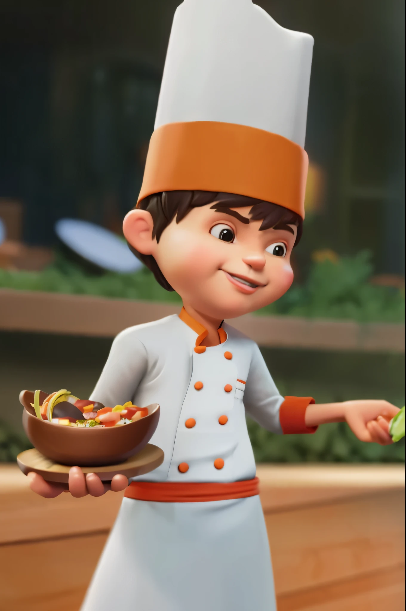 a close up of a cartoon chef holding a bowl of food, best chef, bo chen, animated movie still, happy chef,