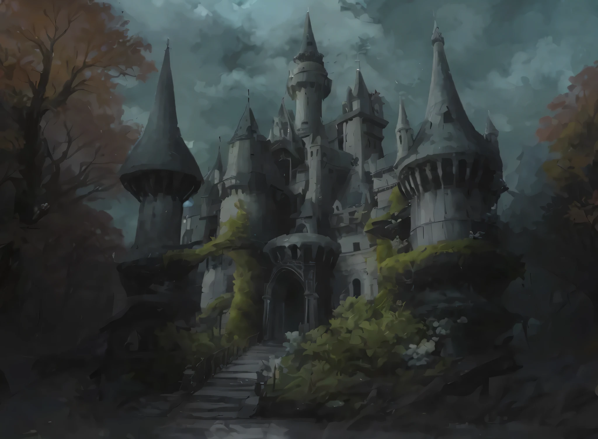 ultra - detailed, tmasterpiece，the good，Fairytale，deep shaping，A lot of detail，ultraclear，There are flowers in front of the castle、tussock，Mysterious castle in the forest，Hand drawn thick lacquer style，Cinematic texture，