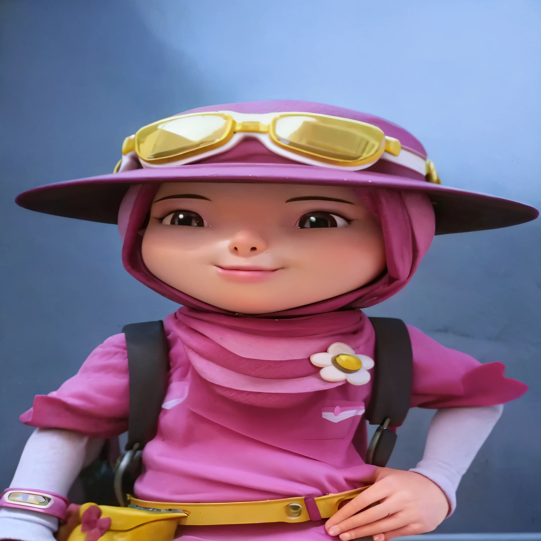 close shot wearing pink clothes and hat, female character, pink iconic character, beautiful mini girl explorer woman,
