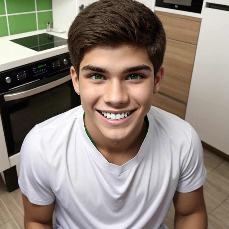 Crie um garoto de 17 anos, alto, magro, olhos verdes, cabelo liso escuro e curto, branco, sorrindo, with dental appliances