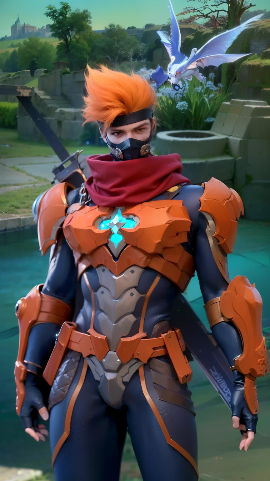 masculine male, masterpiece, ((perfect eyeest quality, (semirealism:1.9), beautiful lighting, (extremely detailed CG unity 4k fhd wallpaper), High Detail, Sharp focus, dramatic outdoors, 1 boy ,19 years old, orange hair, light purpel eyes, smile, Attractive profile picture, masterpiece, ultra-precise rendering, beautiful and cool young man, trustworthy, dependable young man, savior of the world, design, most beautiful image, 4K, light green eyes, the color of the clothes is the same as the original, demon ninja, demon armor.